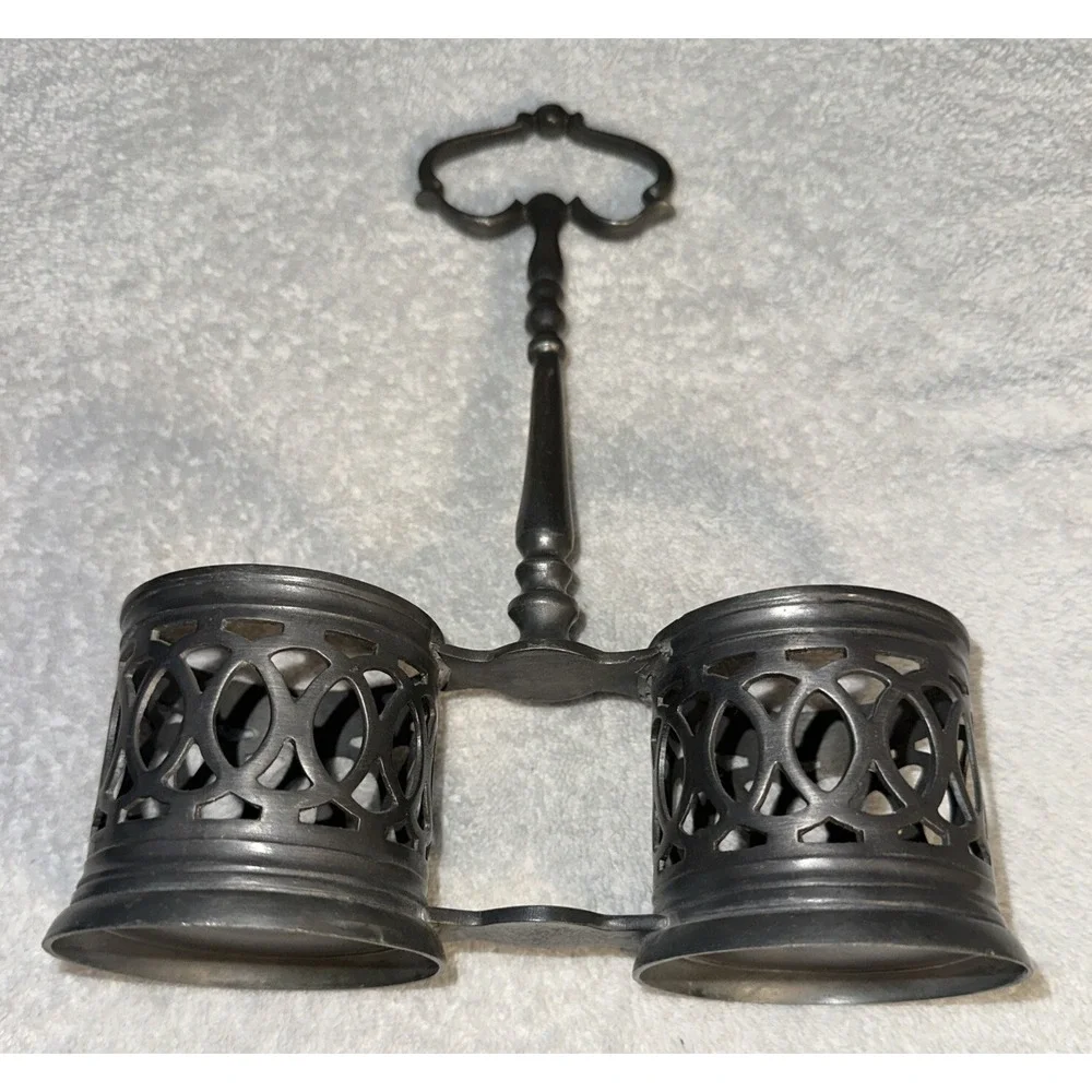 Vintage Marinoni Pewter Cruet Stand‎ Double Condiment Caddy Made in Italy 8 Inch